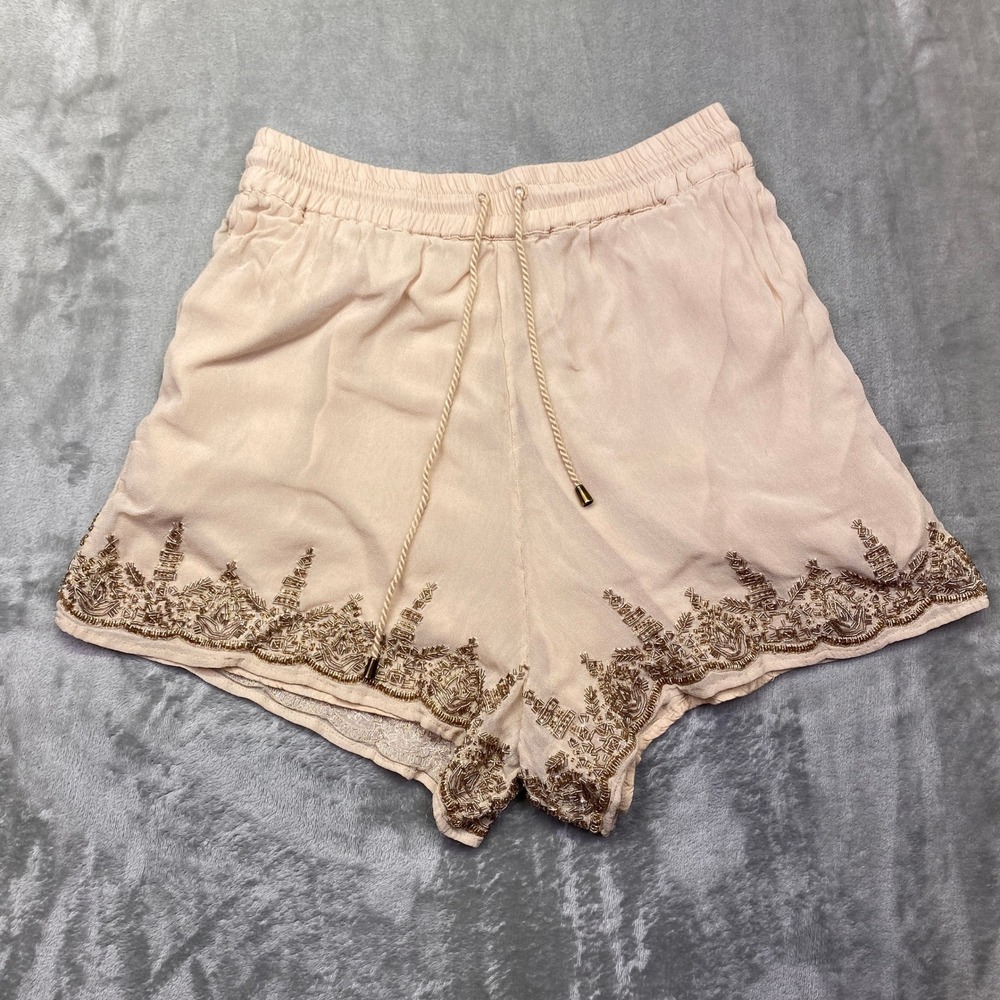 Maeve Beaded Embellished Drawstring Waist Shorts Tan Sz S Lightweight Bohemian